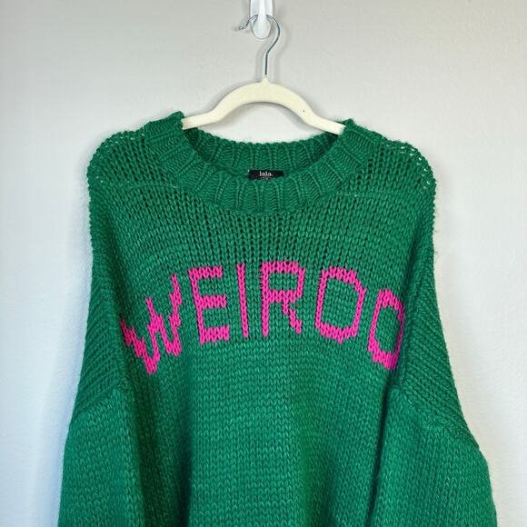 DRESSED IN LALA I’m A Weirdo Slouchy Knit Sweater Green Pink Chunky Small Medium - Picture 4 of 8